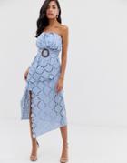 Asos Design Bandeau Broderie Midi Dress With Layered Skirt And Belt Buckle-white