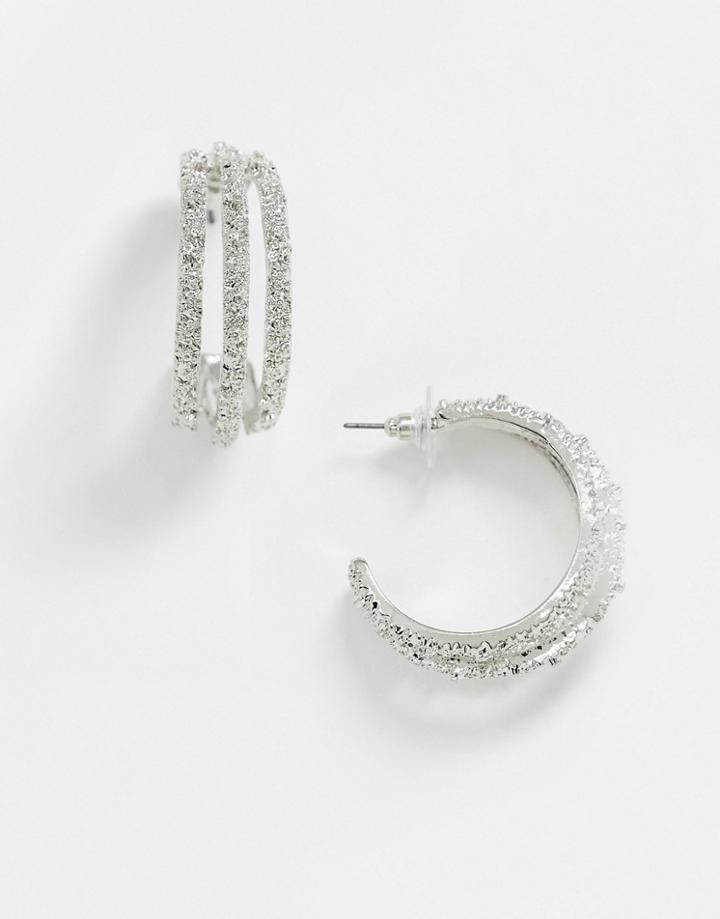 Asos Design Hoop Earrings In Triple Row Texture In Silver Tone