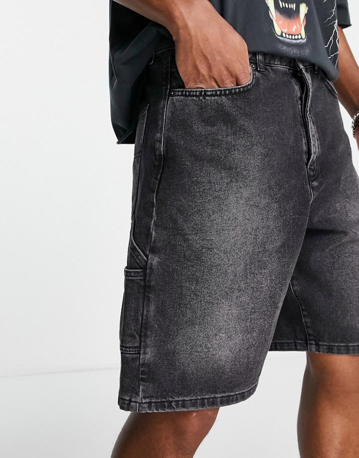 Topman Straight Leg Denim Short In Washed Black-blue