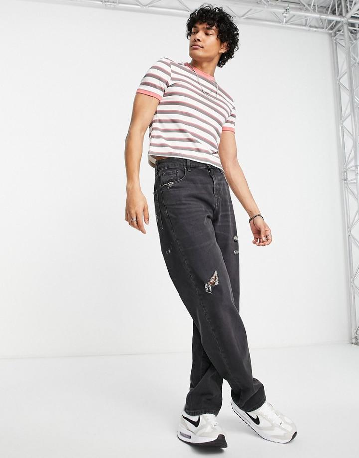 Asos Design Shrunken Fit Stripe T-shirt In Pink & White-red