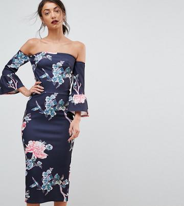 True Violet Tall Flare Sleeve Bodycon Dress In Floral Print - Black