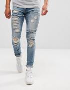 Asos Super Skinny Jeans In Vintage Mid Wash With Heavy Rips And Repair - Blue