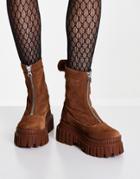 Asos Design Ariel Premium Zip Front Boots In Chocolate Suede-brown