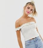 Bershka Ribbed Off The Shoulder Top In Off White - White