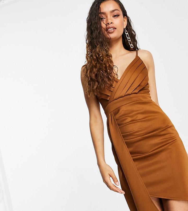 Jaded Rose Petite Wrap Drape Front Satin Midi Dress In Chocolate Brown