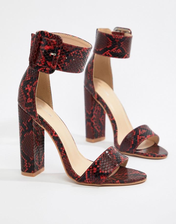 Prettylittlething Block Heel Sandals In Snake - Red