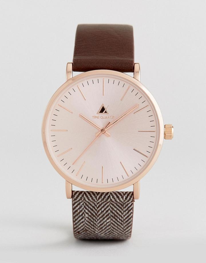 Asos Watch In Rose Gold With Herringbone Strap - Brown