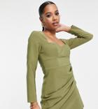 Asos Design Petite Sweetheart Neck Mini Dress With Ruched Wrap Skirt In Pale Khaki-green