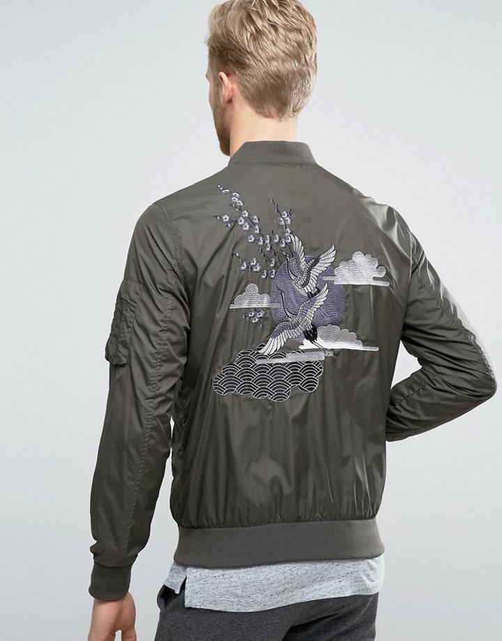 Selected Homme+ Souvenir Bomber Jacket With Embroidery - Green