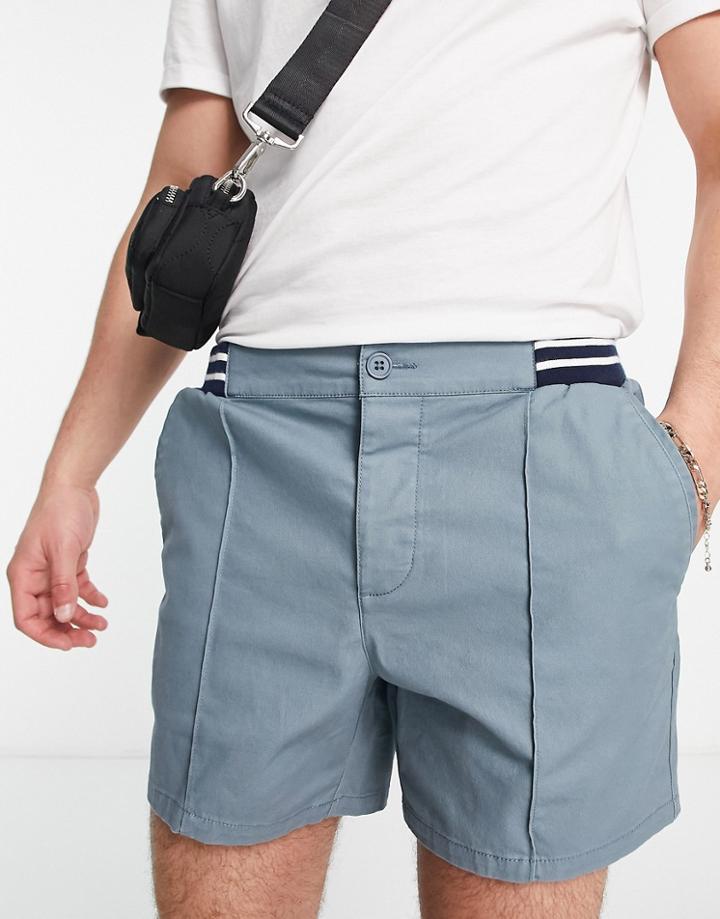 Asos Design Slim Shorts With Pin Tucks And Contrast Waistband In Mid Blue