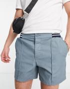 Asos Design Slim Shorts With Pin Tucks And Contrast Waistband In Mid Blue