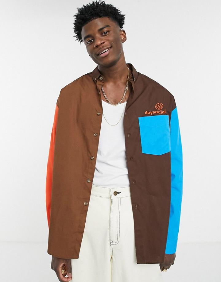 Asos Daysocial Color Block Poplin 90s Oversized Shirt In Brown