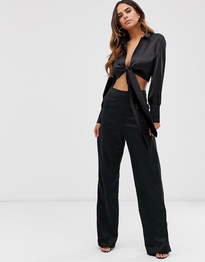 Club L London Satin Wide Leg Pants In Black - Black