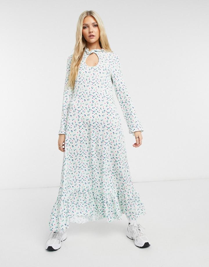 Vintage Supply High Neck Long Sleeve Maxi Smock Dress In Floral-white