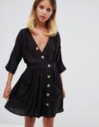 Asos Design Casual Mini Dress With Pocket & Side Buttons - Black