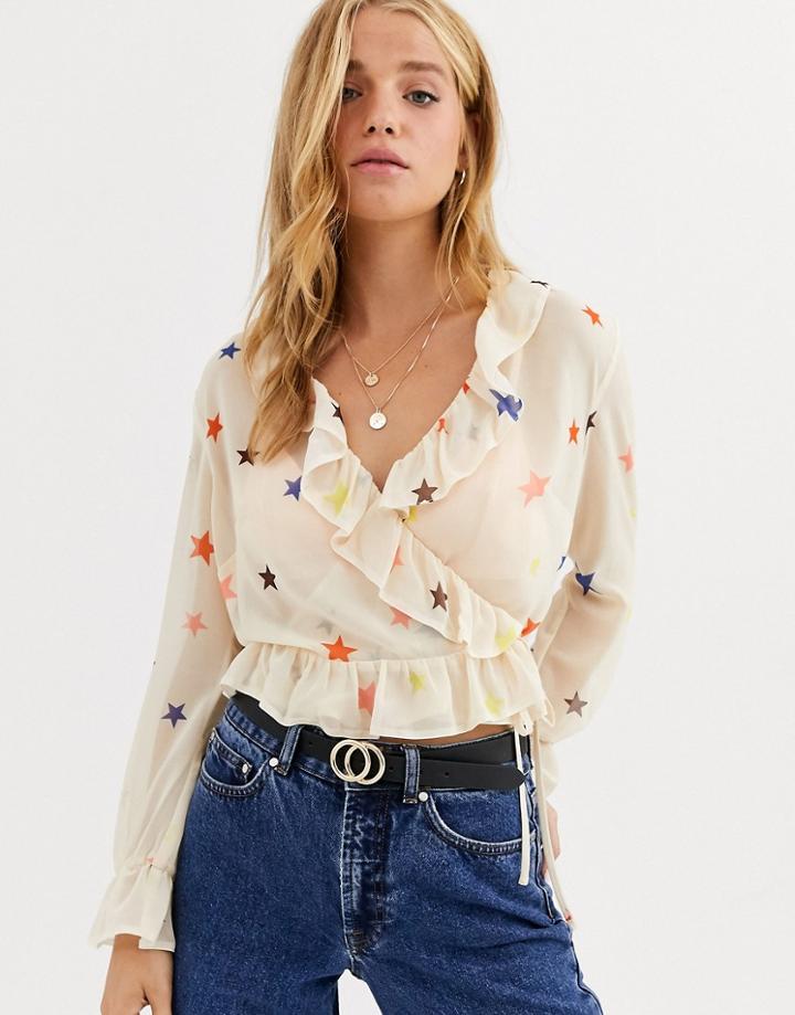 Nobody's Child Wrap Front Blouse With Ruffle Sleeve In Star Print
