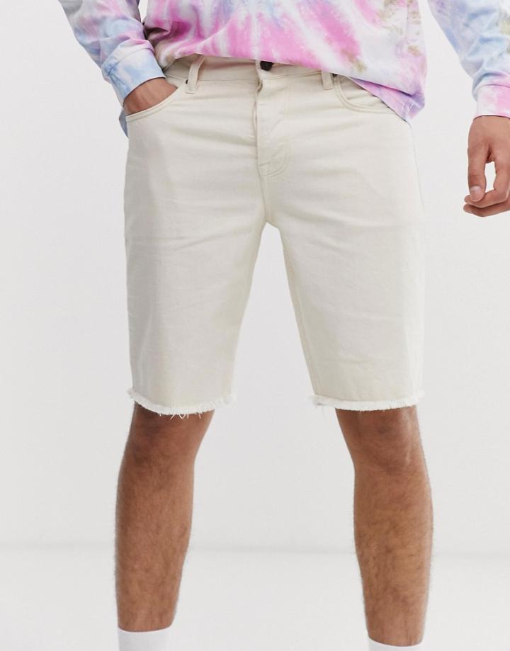 Asos Design Slim Denim Shorts In Ecru With Raw Hem-white