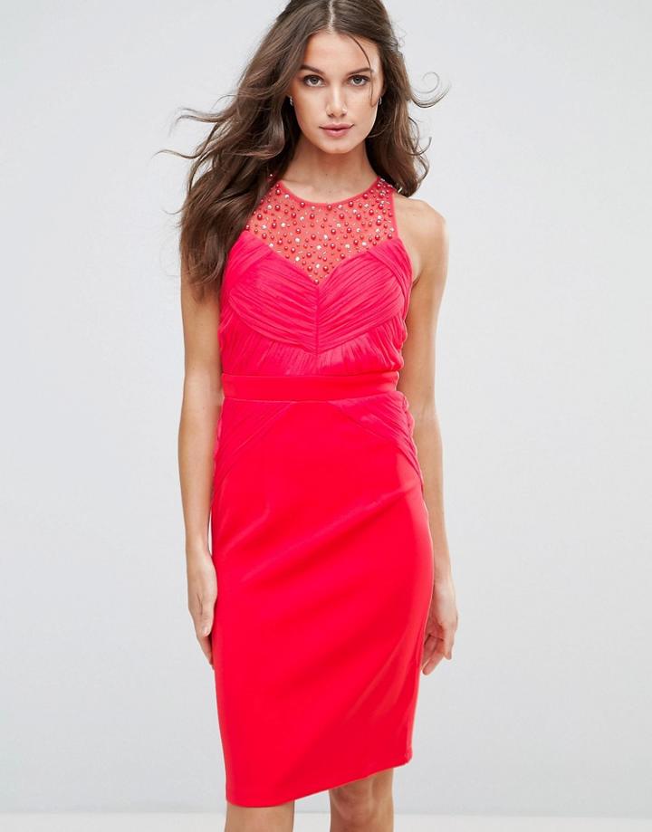 Little Mistress Embellished Pleat Bodycon Midi Dress - Pink