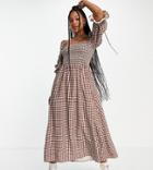 Stradivarius Shirred Midi Poplin Dress In Brown Gingham