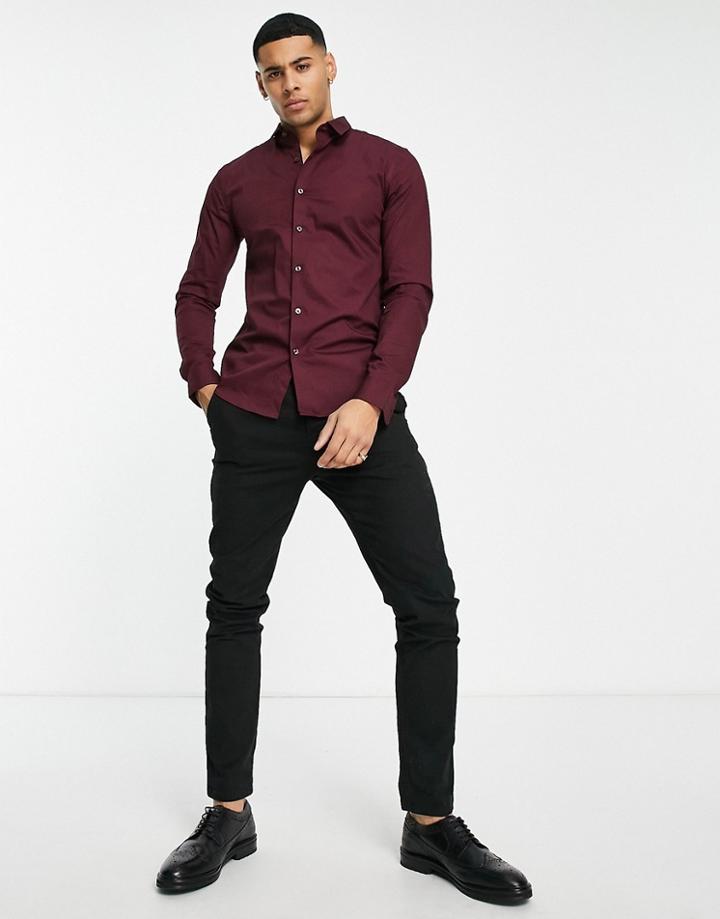 New Look Muscle Fit Poplin Shirt In Burgundy-red