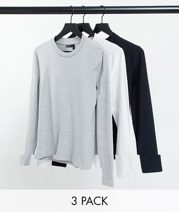 Asos Design Cotton Blend 3 Pack Muscle Fit Long Sleeve T-shirt With Crew Neck - Multi