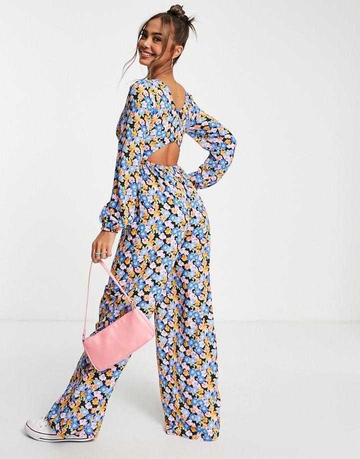 Asos Design Bubble Crepe Button Back Long Sleeve Jumpsuit In Blue Floral-multi