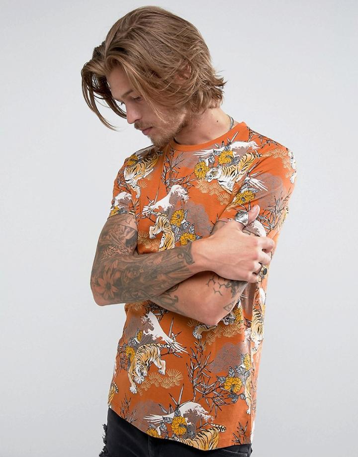 Asos Relaxed T-shirt With All Over Tiger Print - Orange