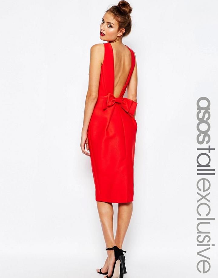 Asos Tall Structured Pencil Dress With Bow Back - Red