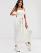 Asos Design Tie Waist Rib Maxi Dress - White