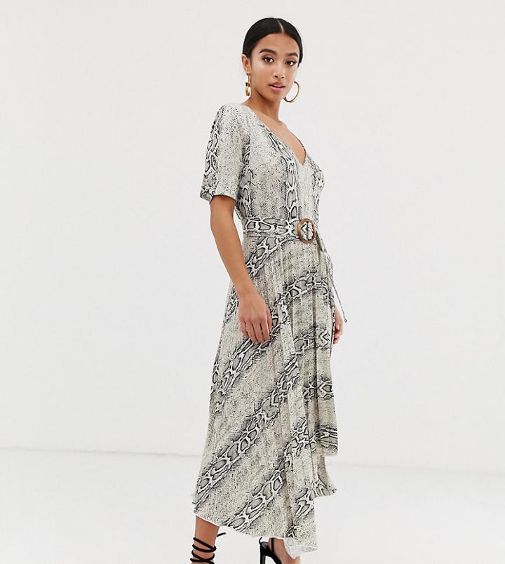 Asos Design Petite V Neck Midi Dress With Pleated Skirt And Belt In Snake Print-multi