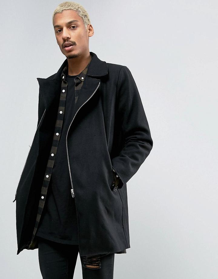 Criminal Damage Wool Blend Nuckie Over Coat - Black