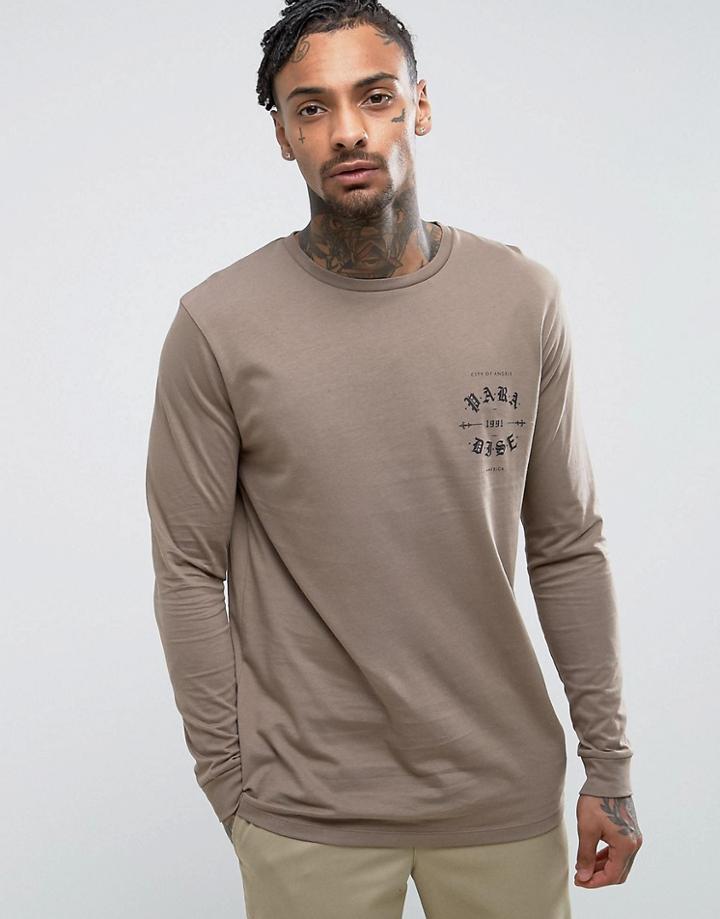 Asos Longline Long Sleeve T-shirt With Gothic Chest Print - Brown