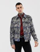 Asos Design Velvet Western Jacket In Navy With Floral Sequin Pattern