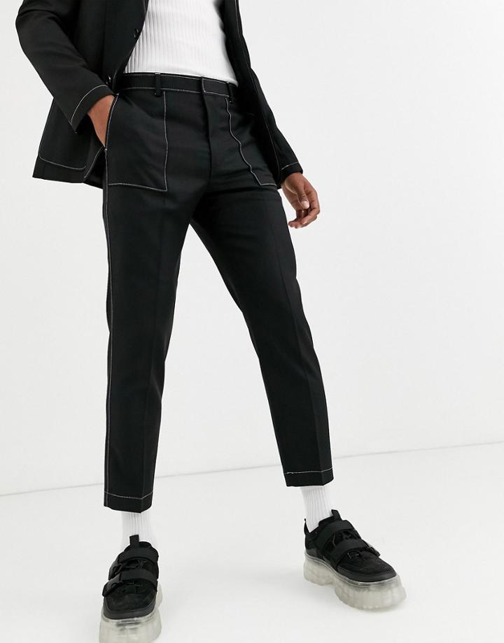 Asos Design Slim Crop Suit Pants In Black With Contrast White Stitch Detail