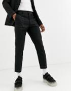 Asos Design Slim Crop Suit Pants In Black With Contrast White Stitch Detail