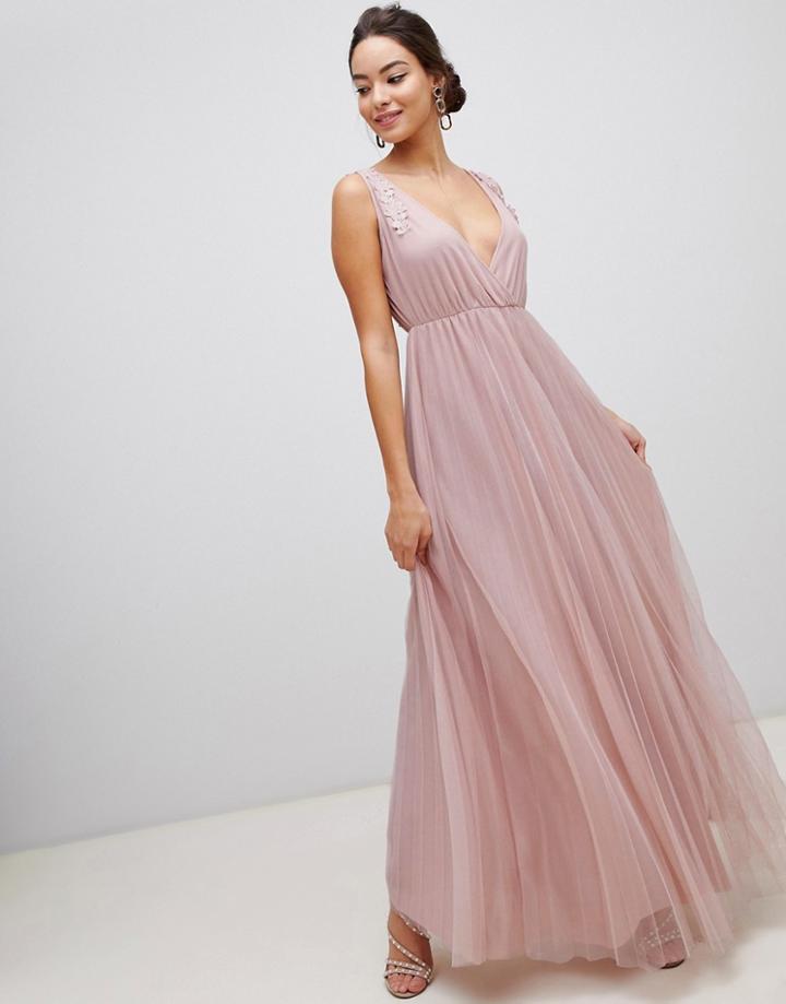 Asos Design Pleated Tulle Maxi Dress With Applique Lace Trim-pink