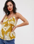 Asos Design Button Through Linen Cami In Palm Print-multi