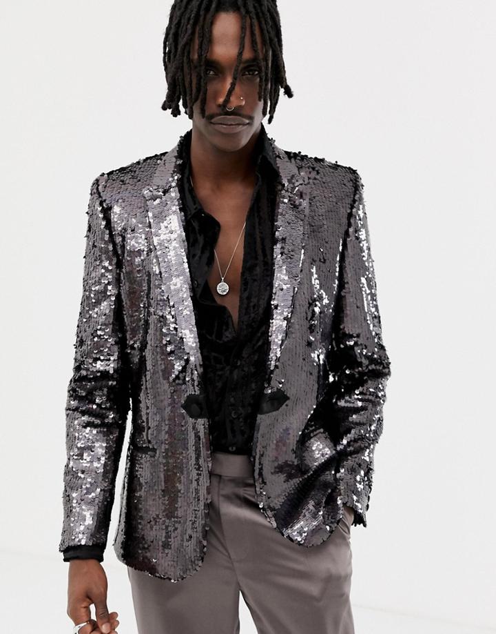 Asos Edition Skinny Blazer In Black Mirror Sequins - Black