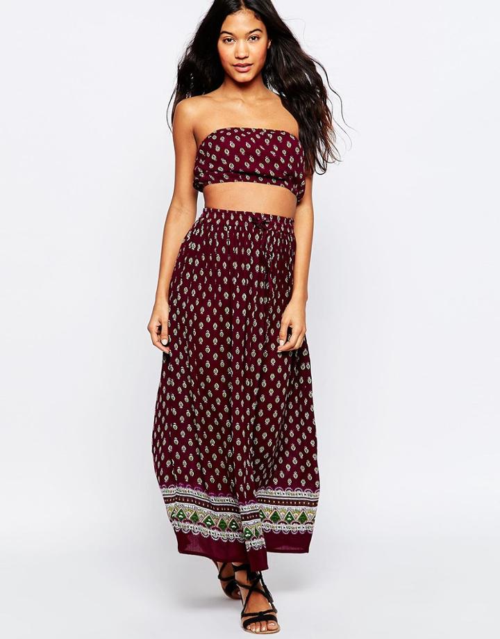 Anmol Maxi Beach Skirt And Bandeau Top - Dark Red Print