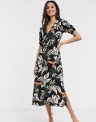 Oasis Balloon Sleeve Tropical Leaf Print Midi Dress In Black