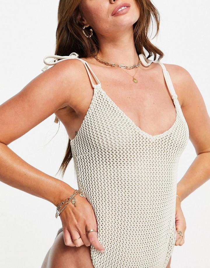 Asos Design Crochet Tie Shoulder Swimsuit In Ivory-white