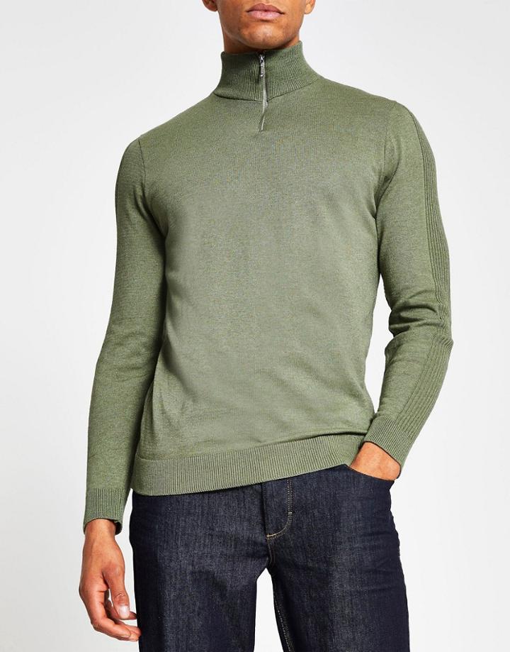 River Island Half Zip Neck Sweater In Green