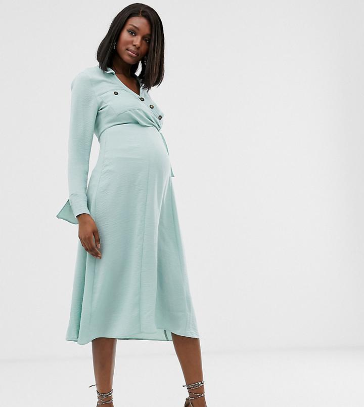 Asos Design Maternity Button Through Wrap Midi Shirt Dress-green