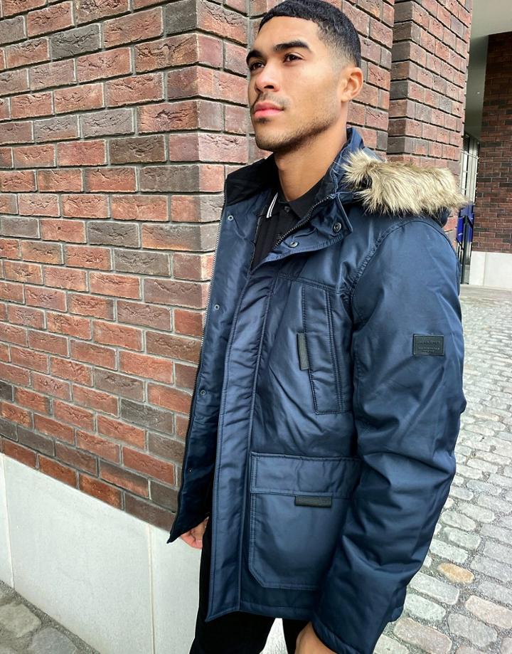 Jack & Jones Parka With Faux Fur Trim In Navy