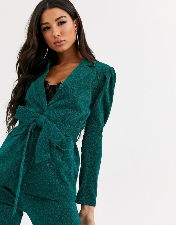 Rare London Tie Waist Glitter Blazer Two-piece-green