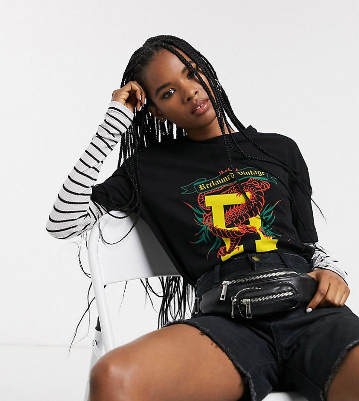 Reclaimed Vintage Inspired Double Layer T-shirt With Striped Sleeve And Dragon Logo-multi