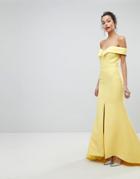 Jarlo Bardot Maxi Dress With Thigh Split And Train Detail - Yellow