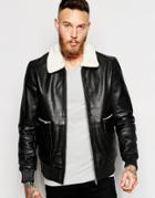 Noose & Monkey Leather Jacket With Shearling Collar - Black