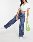 Asos Design High Rise Relaxed Dad Jeans In Dark Wash-blues