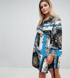 Asos Design Curve Scarf Print Wrap Dress With Piping - Multi